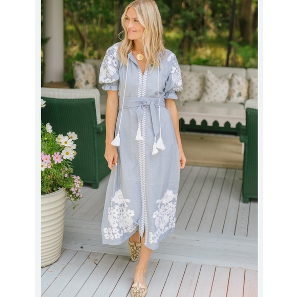 Julia Amory Short Sleeve Coatue Caftan Oxford Blue Embroidered Midi Dress - S - Picture 1 of 9